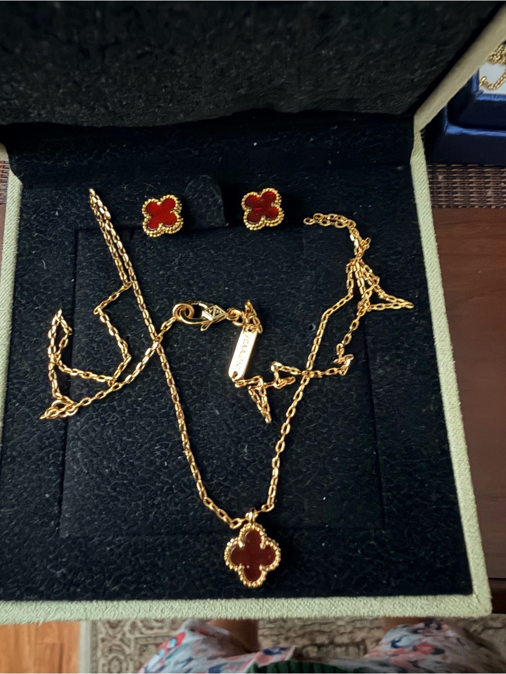 Gold-Tone Red Clover Pendant Necklace and Stud Earrings Set